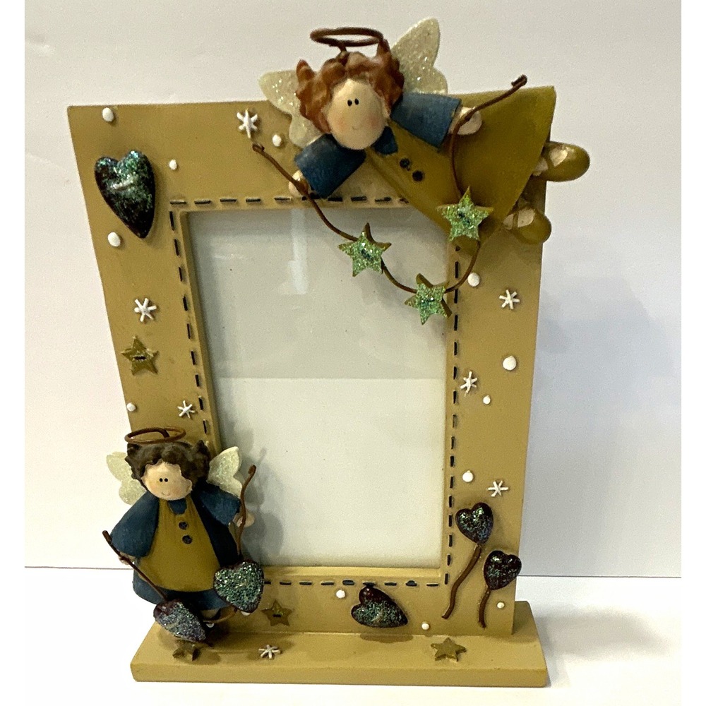 Angel Glitter Heart Wood Photo Frame 4x6 Freestanding Clear Glass Portrait